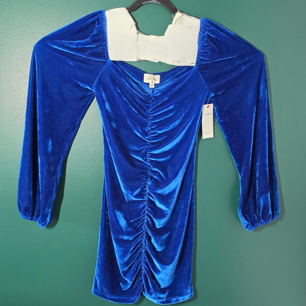 Aura Red Dress Boutique Blue Velvet Ruched Mini Dress Long Balloon Sleeve Size M